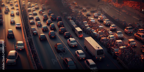 Chaotic city with a huge traffic jam and pollution, generative AI © FrankBoston