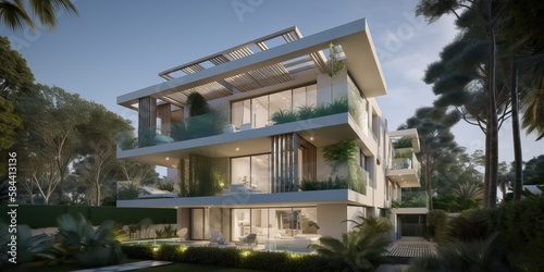 Luxurious residential development with pool, generative ai © FrankBoston