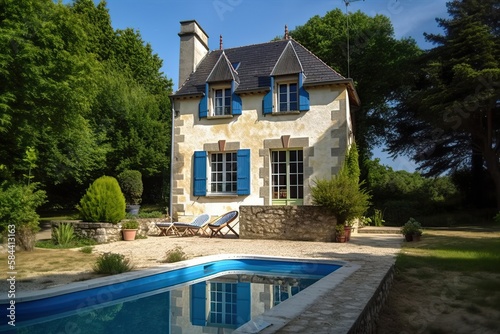 Luxury stone classic updated villa with swimming pool and garden, generative ai © FrankBoston