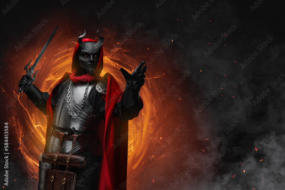 Naklejka premium Art of scary sorcerer of sinister cult with cuirass and cloak against portal.