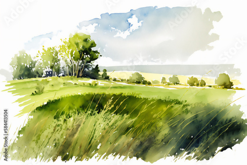 Watercolor landscape of a lush grass of gentle slopes in a rural scene on white background, Generative AI