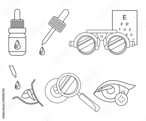 Ophthalmology set outline. Optometrist Checks Patient Eyesight. Optical Test for Eyes. Good Vision and Care. Ophthalmological Sight Examination and Treatment. Illustration isolated on white background