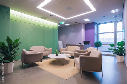 Office lobby with green wall.