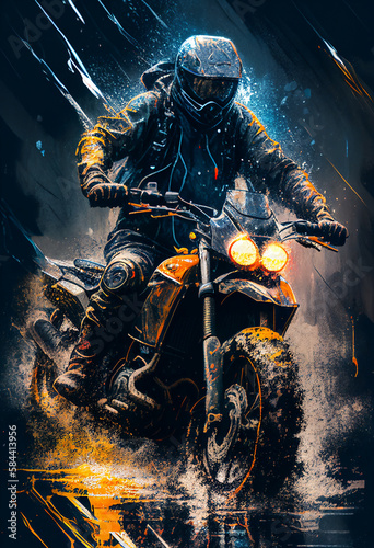 Watercolour abstract paintingof an off-road motorcyle and rider where the motorbike is driving through mud, dirt and water at an extreme sport event, computer Generative AI stock illustration image photo