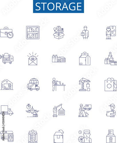 Storage line icons signs set. Design collection of Storage, preservation, stocking, stockpiling, keeping, cache, collection, containment outline concept vector illustrations