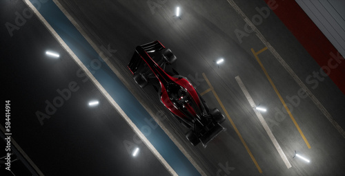 Overhead high angle view of a red modern generic sports racing car standing on a pit lane, surrounded by LED light tubes, cinematic lighting. Daytime shot. Realistic 3d rendering