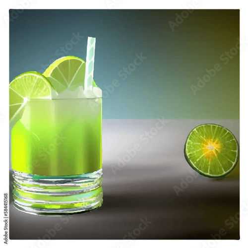 glass with green mojito and cut lemon right