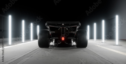 Back view silhouette of a modern generic sports racing car standing on a pitlane surrounded with LED tube lights. Realistic 3d rendering