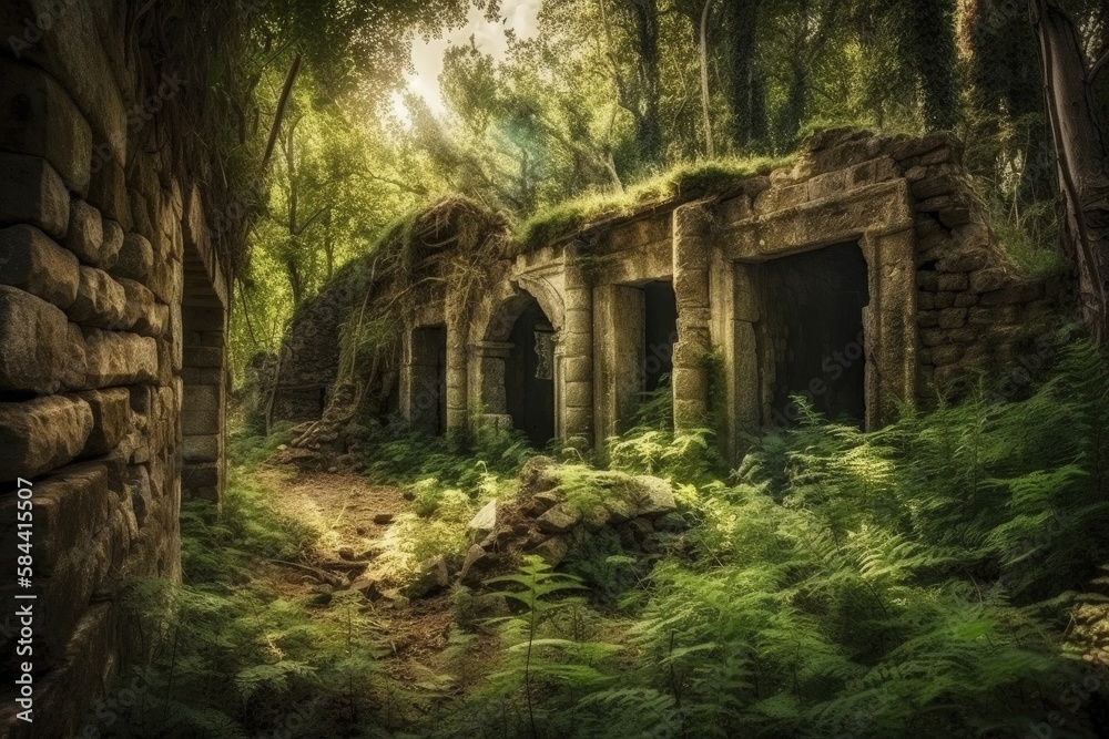 Illustration of ruins of an ancient civilization in the forest. Generative AI Illustration of ruins of an ancient civilization in the forest. Generative AI