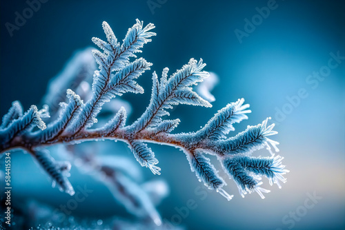 Elegant frozen branch covered with delicate ice crystals; highlights the beauty and fragility of winter and creates a soothing atmosphere. Generative AI photo
