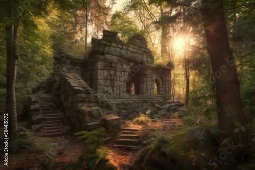Illustration of ruins of an ancient civilization in the forest. Generative AI