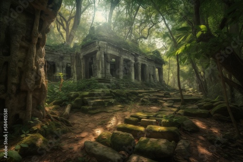 Illustration of ruins of an ancient civilization in the forest. Generative AI