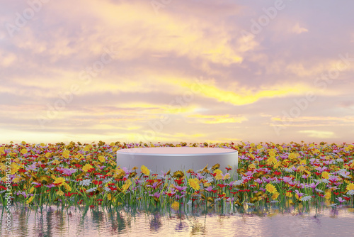 Photography Abstact 3d render summer scene and Natural podium background, White podium on th