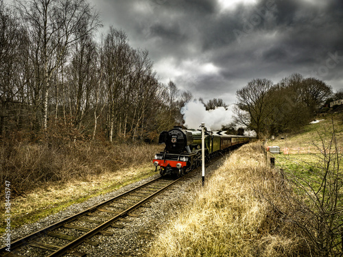 The Flying Scotsman steam train travelling across Lancashire, England 