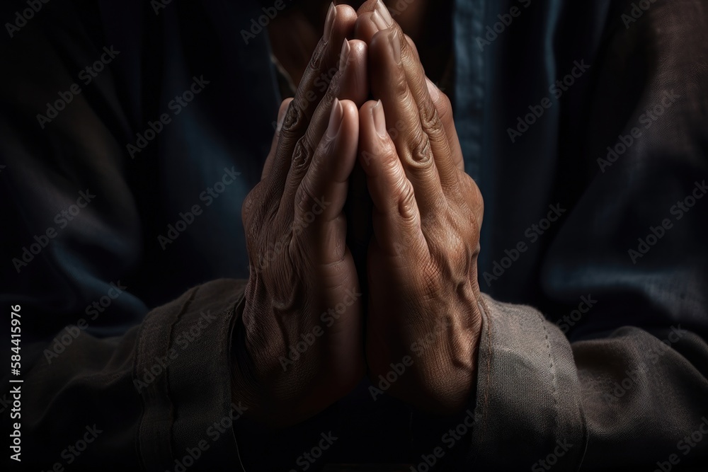 Praying hands with faith in religion and belief in God on dark ...