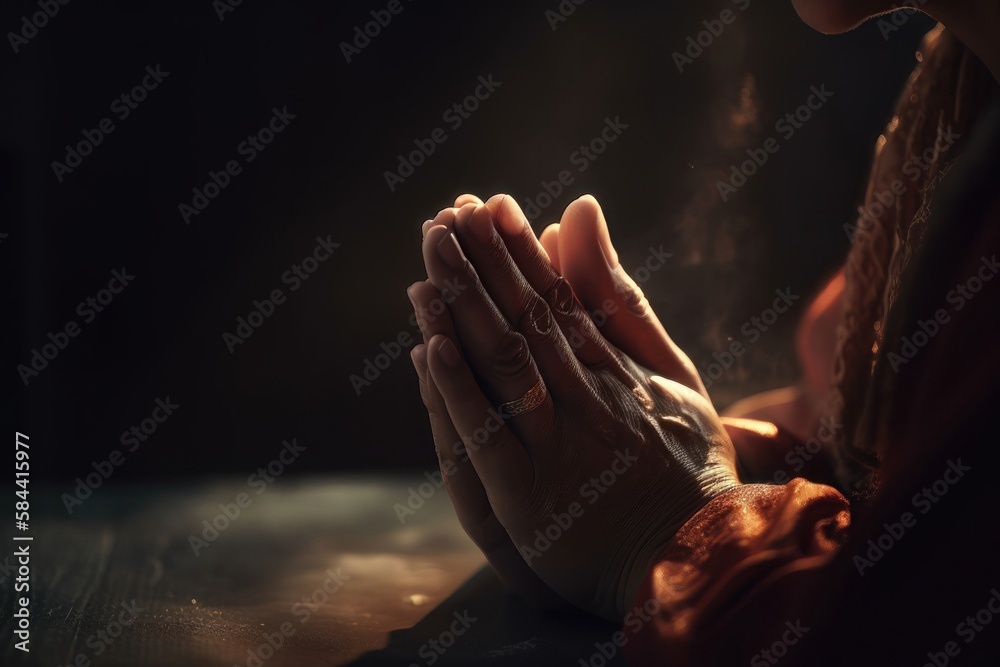 Praying hands with faith in religion and belief in God on dark ...