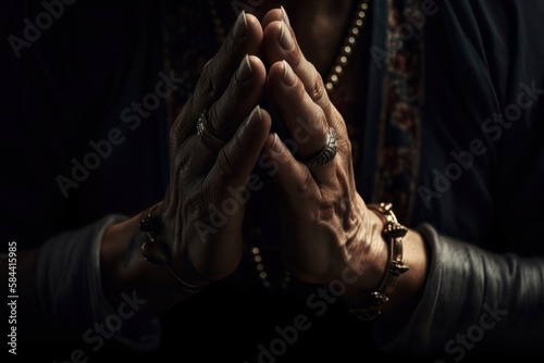 Praying hands with faith in religion and belief in God on dark background. AI generated