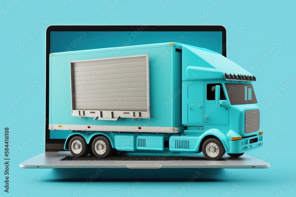 Delivery truck illustration on laptop screen, blue background. Generative AI