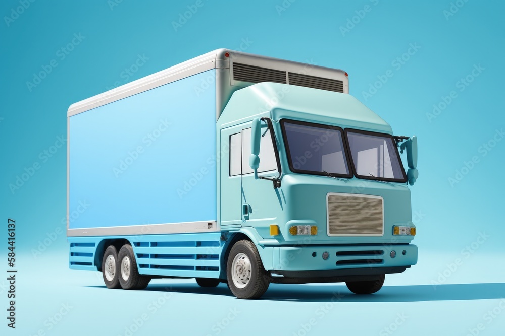 Delivery truck illustration on laptop screen, blue background. Generative AI