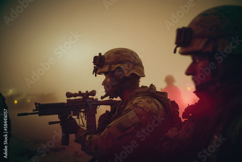 AI generated silhouettes of army soldiers attacking in smoke against sunset marines team in action