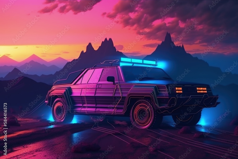 Fototapeta premium Futuristic custom car illustration, landscape in the background, vaporwave, retro style. Generative AI