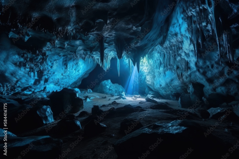 Underground cave illustration, light blue. Generative AI