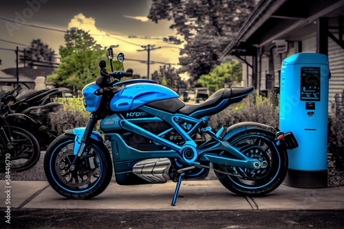 Electric Bike. Electric Vehicle  EV  charging dock with plug. Hybrid smart motorcycle battery.