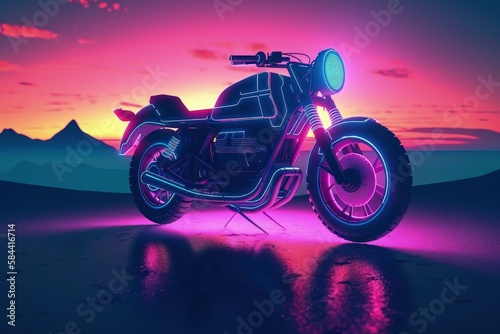 Futuristic custom motorcycle illustration  landscape in the background  vaporwave  retro style. Generative AI