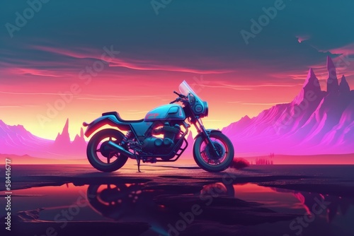 Futuristic custom motorcycle illustration  landscape in the background  vaporwave  retro style. Generative AI