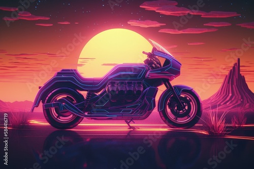 Futuristic custom motorcycle illustration, landscape in the background, vaporwave, retro style. Generative AI photo