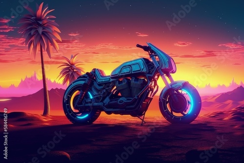 Futuristic custom motorcycle illustration  landscape in the background  vaporwave  retro style. Generative AI