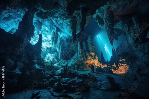 Obraz na płótnie Underground cave illustration, light blue. Generative AI