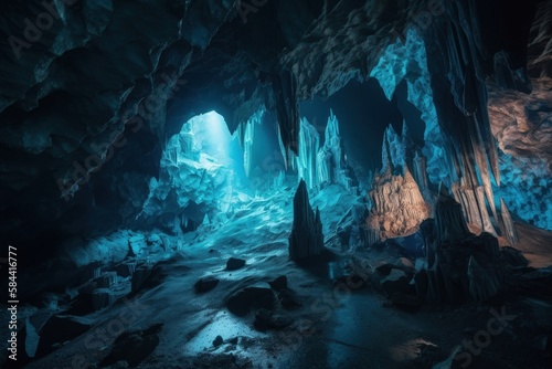 Underground cave illustration, light blue. Generative AI © Deivison
