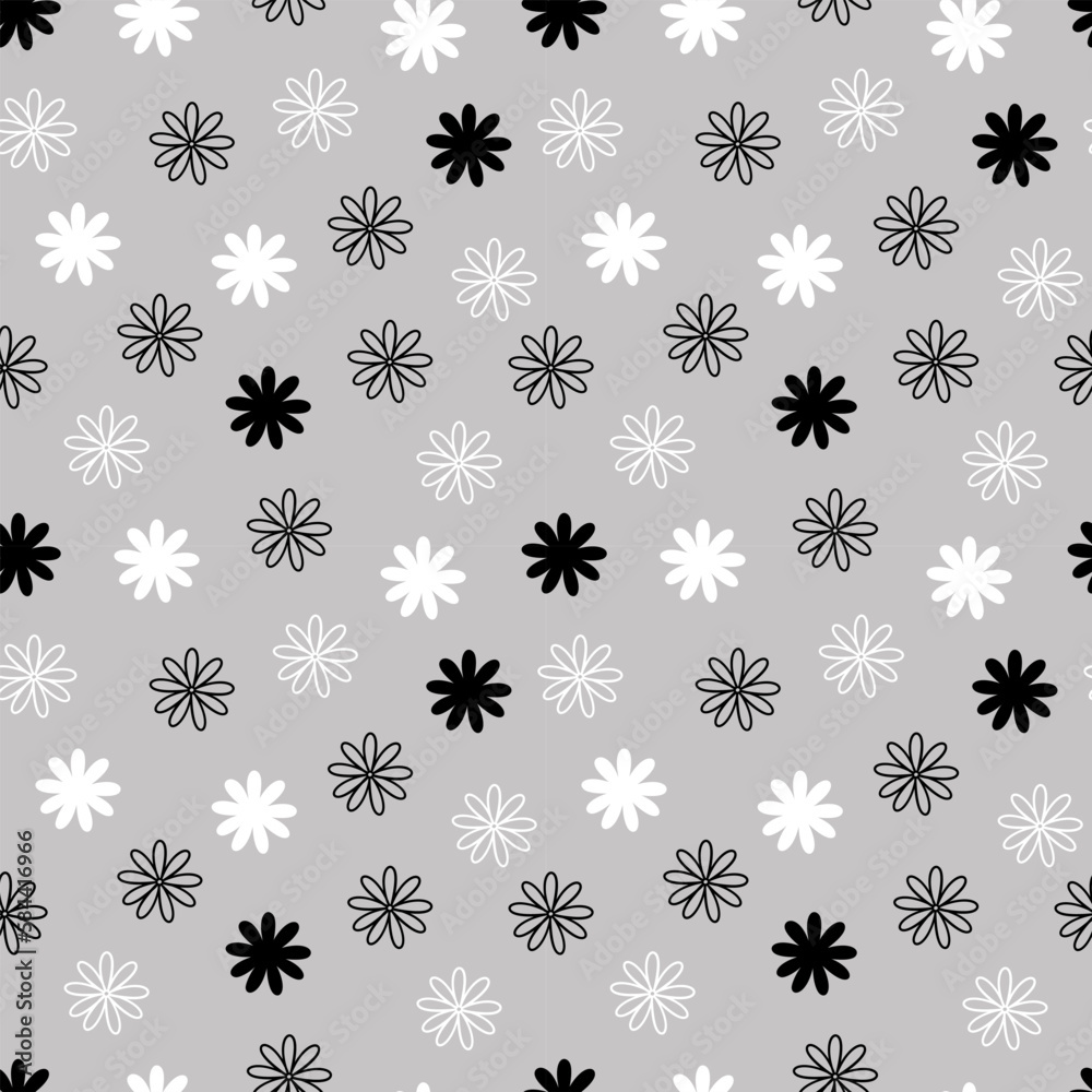 Black and white flowers simple seamless pattern flat style vector illustration, spring symbol, cozy home, any holiday celebration decor, ornament for textile, fabrics, gift paper, card, banner, cover