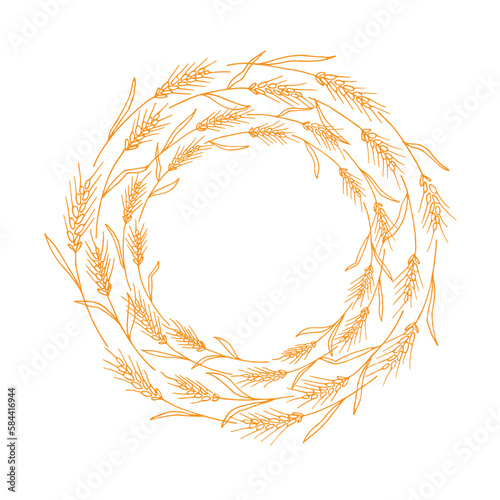 Wreath frame from ears of wheat.A bunch of ears of wheat,dried whole grains.Cereal harvest,agriculture,organic farming,healthy food symbol.Ears of wheat hand drawn.Design element. Isolated background