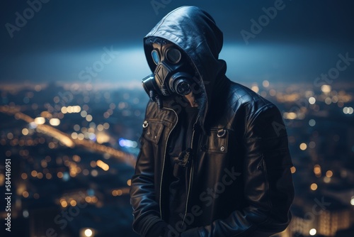 Illustration of man with gas mask and hood, futuristic city in the background. Generative AI