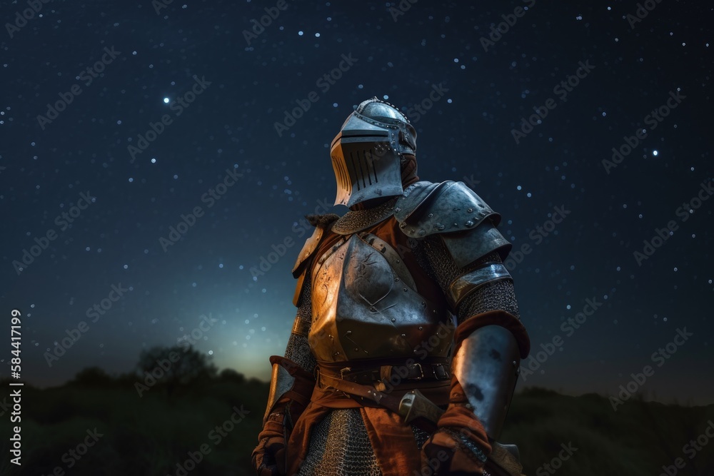 Fototapeta premium Landscape with medieval knight in armor, history and fantasy concept. Generative AI