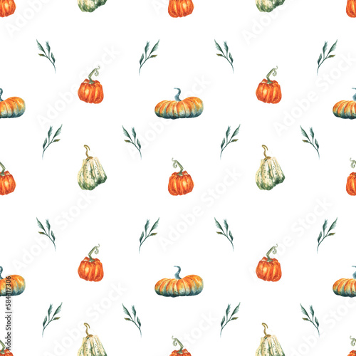 Autumn seamless pattern. Yellow fall leaves and pumpkin ornament on white background