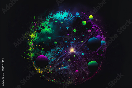 Beautiful abstract illustration of a constellation in purple and green tones. Bright and bold colors add a sense of wonder and excitement. Generative AI