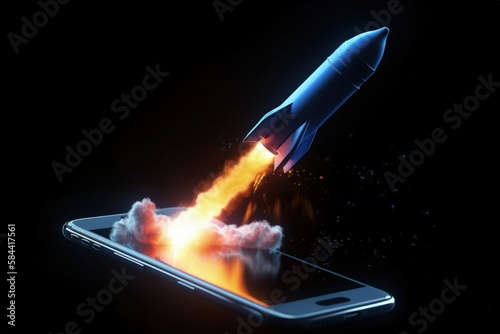 Illustration of rocket taking off and mobile phone, startup and technology concept, dark blue background. Generative AI