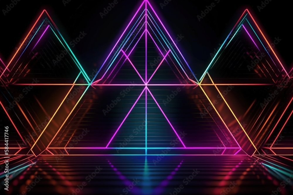 Fototapeta premium Triangular shape illustration and neon lights, retro colors, vaporwave. Generative AI