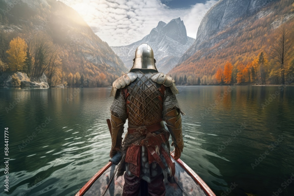 Landscape with viking warrior in armor, mountains and lake history and fantasy concept. Generative AI - obrazy, fototapety, plakaty 
