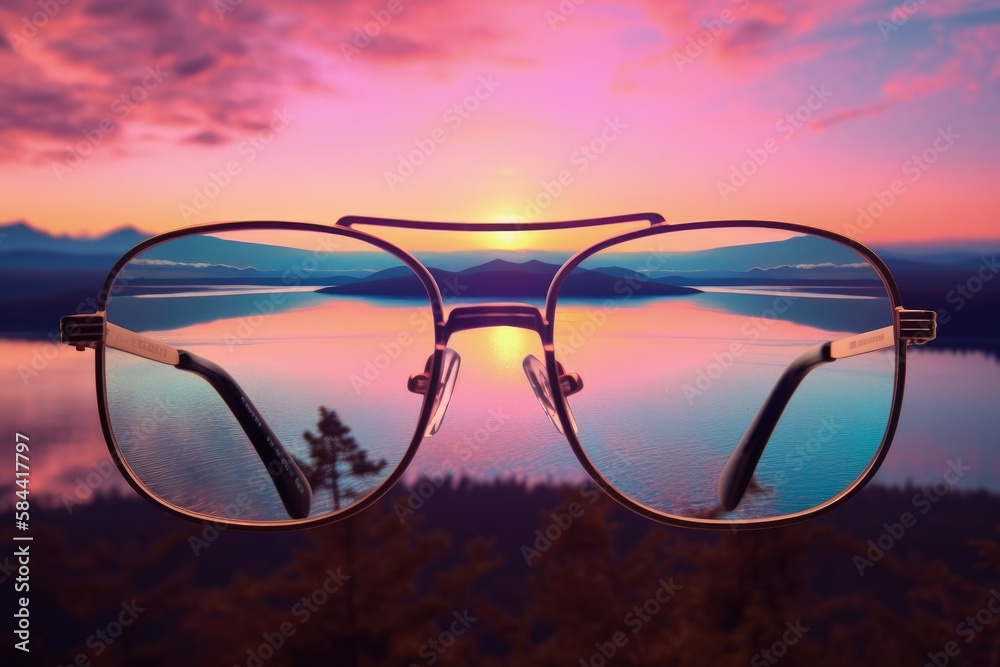 Illustration of antique eyeglasses, landscape in the background, vaporwave. Generative AI