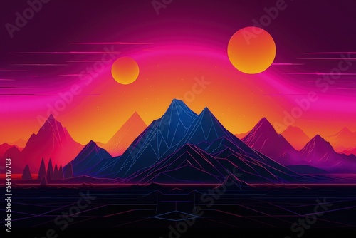 Landscape with sunset and mountains  80s and 90s style  retro  vaporwave. Generative AI