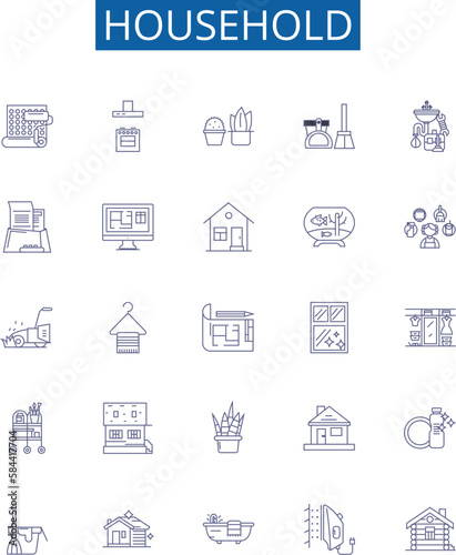 Household line icons signs set. Design collection of Home, Dwelling, Furniture, Appliances, Cleaning, Washing, Cooking, Decor outline concept vector illustrations