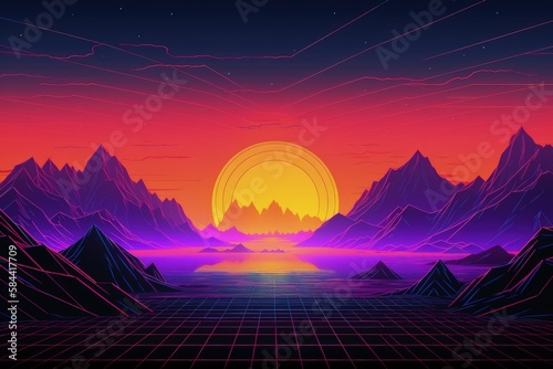 Landscape with sunset and mountains, 80s and 90s style, retro, vaporwave. Generative AI