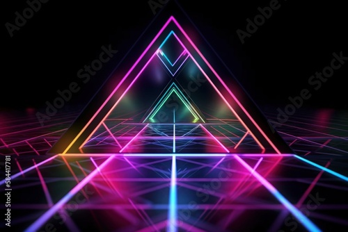 Triangular shape illustration and neon lights, retro colors, vaporwave. Generative AI