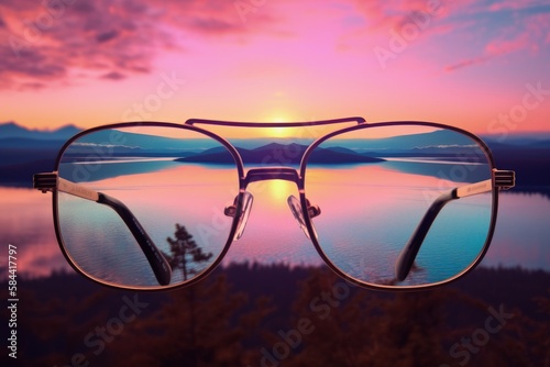 Illustration of antique eyeglasses, landscape in the background, vaporwave. Generative AI