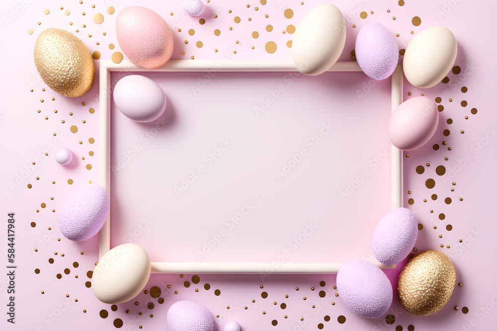 Easter eggs of delicate color around a frame with a place for text. Pink background. Happy easter. With Generative AI tehnology Easter eggs of delicate color around a frame with a place for text. Pink background. Happy easter. With Generative AI tehnology