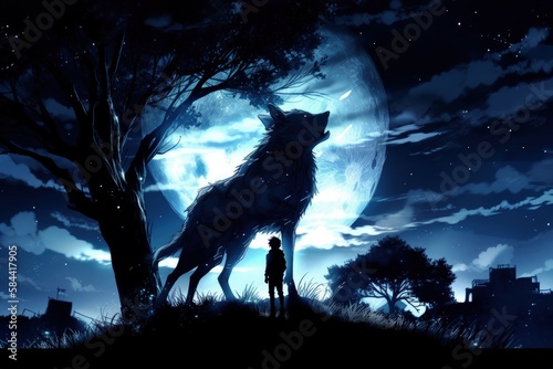 Landscape with wild wolf, night with full moon, tree. Generative AI © Deivison
